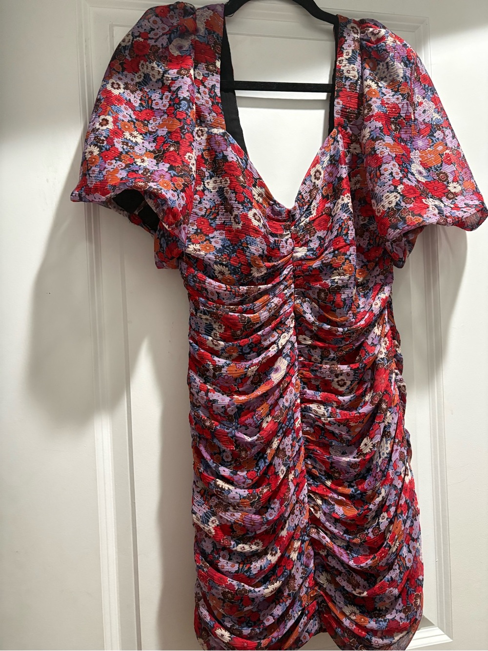 Zara Red Floral Ruched V-Neck Mini Dress